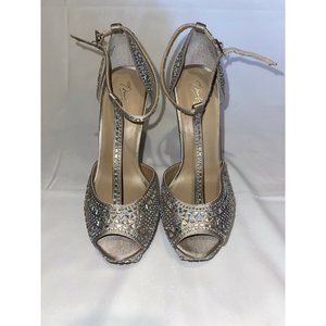 THALIA SODI RHINESTONE OPEN/PEEP TOE ANKLE STRAP STILETTO HEELS S 8.5